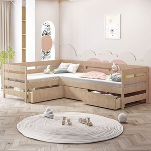 Letto a piattaforma a L naturale per bambini, con tre cassetti contenitore, misura Twin - Product Image 2