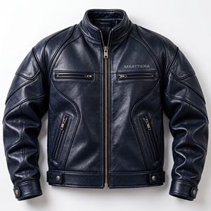 Chaqueta de Cuero Sintético Azul Marino para Hombre, Cuello Alto, Cierre de Cremallera Frontal, Bolsillos en el Pecho, Manga Larga, Ropa Exterior de Moda, Personalizable OEM ODM - Product Image 6