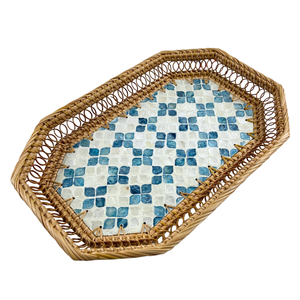 Bandeja Octogonal de MDF con Incrustaciones de Capiz, Hecha a Mano, Sostenible, Duradera, Elegante, Vintage, Rústica, con Patrón de Mosaico Azul y Marco de Ratán, Decoración para el Hogar - Product Image 4
