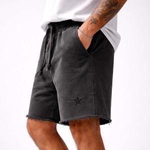 Shorts en coton délavé pour homme, ourlet brut, cordon de serrage, streetwear, décontracté, été, logo personnalisé - Product Image 3