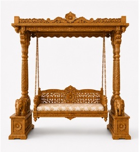 Jhula de madera de teca tallada a mano Maharaja con base de elefante, Oonjal de madera de teca de élite para interiores con pilares dobles tallados, Jhoola para el hogar - Product Image 3