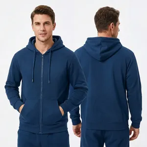 Sweat-shirt à capuche zippé pour homme, couleur unie, coupe classique, en molleton 100 % coton, idéal pour l'automne - Product Image 2