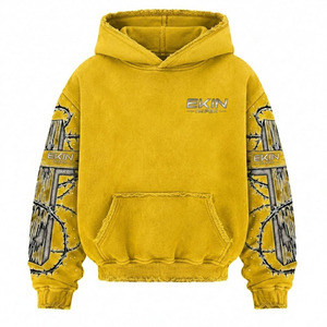 Sweat-shirt à capuche jaune pour homme Ekin avec imprimé fil barbelé, coupe classique, style décontracté, imprimé DTF, tissu polaire français, vêtement d'automne - Product Image 1