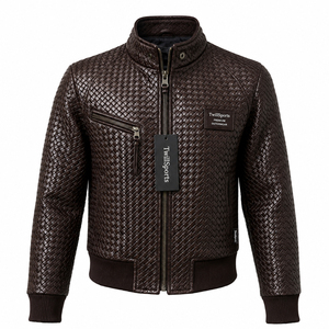 Chaqueta Bomber Unisex de PU con Cuello Alto, Patrón Repujado, Cierre de Cremallera, Estilo Moto, para Otoño - Product Image 1