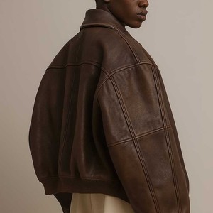 Full Zip Turn Neck Breathable Windproof Vintage Casual <b>Long</b> Sleeve Oversized Baggy Brown Genuine <b>Leather</b> <b>Jacket</b> Boxy Men's - Product Image 2