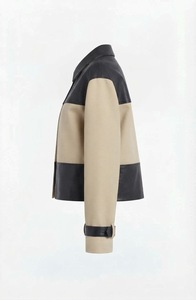 Women's Color Block Cropped Leather Jacket Oversized Biker Coat Waterproof Sleeve Cuff <b>Belt</b> Fall Casual Outerwear - Product Image 3