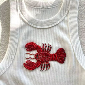 Embroidery <b>Red</b> Lobster Marine Motif For Women Summer Fashion Apparel New Arrival White Cotton Ribbed Tank <b>Top</b> <b>Crop</b> <b>Top</b> - Product Image 5