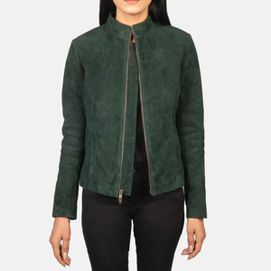Premium Women Dark Green <b>Suede</b> Leather <b>Jacket</b> Slim Fit Soft Goat <b>Suede</b> Moto <b>Jacket</b> Elegant Collarless Casual Outerwear - Product Image 1