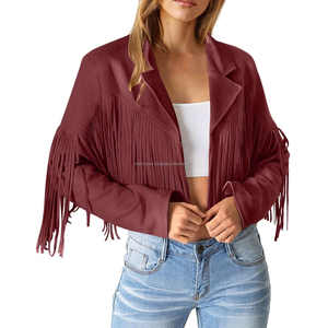 Veste en cuir suédé vin Vintage pour femmes frange gland Boho Western Cowboy Style manches longues revers ouvert manteau avant pour l'automne - Product Image 2