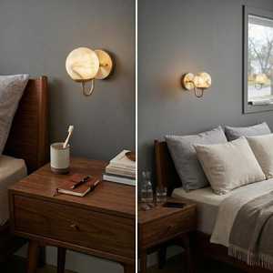 Applique murale contemporaine en laiton avec abat-jour rond en marbre, décoration intérieure moderne pour salon, utilisation en intérieur - Product Image 5