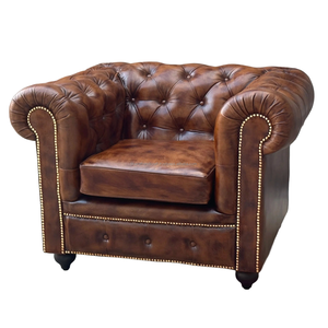 Chesterfield Single Seater Genuine Leather Sofa Tufted Backrest <b>Rolled</b> Arms Solid Wood Legs Vintage Lounge Chair for Bedroom - Product Image 4