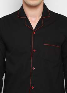 Pijamas de Manga Larga de Algodón Negro para Hombre con Ribete Rojo, Ropa de Dormir Informal para Otoño, Lavable a Máquina, Conjunto de 2 Piezas - Product Image 4