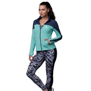 Conjunto Deportivo para Mujer, Chaqueta Deportiva con Cierre Completo en Azul Marino y Aqua, y Leggings Estampados de Cintura Alta - Product Image 4