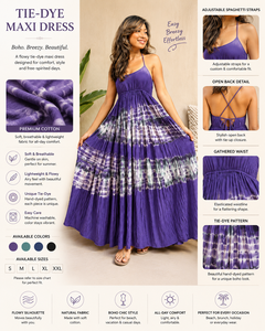 Purple Tie Dye Maxi <b>Dress</b> - High Demand Cotton Crinkle Spaghetti Strap Open Back <b>Elastic</b> Empire Waist Flowy Beach Resort Gown - Product Image 3