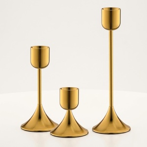 Set of 3 Elegant Gold Metal Candlestick Holders for Taper <b>Candles</b> Modern Minimalist Tabletop Centerpiece for Romantic <b>Dinner</b> - Product Image 1