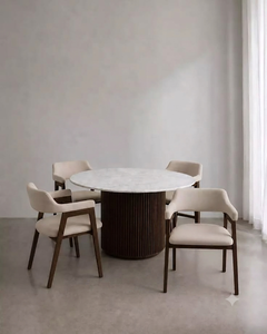 Ensemble de table à manger ronde en marbre de luxe avec base en piédestal cannelé et fauteuils rembourrés pour villa, hôtel, restaurant - Product Image 2