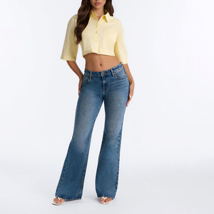 Blusa Ligera de Popelina para Mujer, Color Amarillo, Corte Recortado, con Botones, Manga Tres Cuartos, Color Sólido, Estilo Casual, para Primavera/Verano - Product Image 3