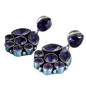 Boucles d'oreilles pendantes en argent oxydé faites à la main avec améthyste |   Bijoux ronds style bohème |   Boucles d'oreilles bohèmes pour femmes en gros, directement de l'usine - Product Image 3