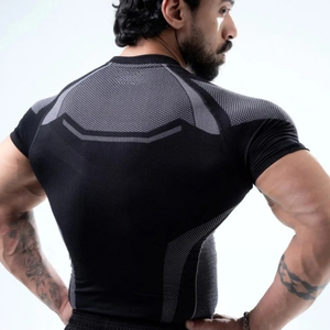 Camiseta de Compresión Personalizada para Hombre, Negra y Borgoña, Manga Corta, Cuello Redondo, Ajustada, para Gimnasio, Entrenamiento, Protección contra Rozaduras, Ropa Deportiva, Capa Base - Product Image 5
