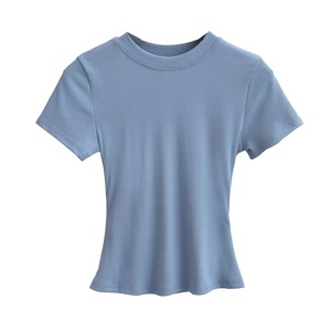 Camiseta Casual de Cuello Redondo y Manga Corta para Mujer, Color Sólido, Tejido de Algodón, Corte Regular, para Todas las Temporadas, Camiseta Básica - Product Image 3