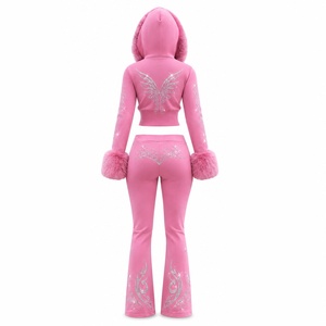 Conjunto de chándal de dos piezas personalizado para mujer con capucha de piel, sudadera con cremallera y pedrería, pantalones acampanados, estilo casual y cómodo para unisex. - Product Image 6