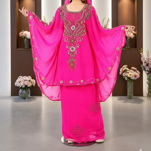 Elegante Abaya Larga de Poliéster Georgette Color Caqui con Bordado Dorado a Mano y Dupatta a Juego, Casual, Transpirable y de Secado Rápido - Product Image 1