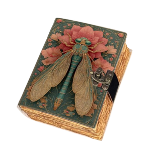 Carnet en cuir Libellule fait main, motif botanique floral, avec fermoir antique, pour écriture, cadeau pour les amateurs de jardin et de nature - Product Image 1