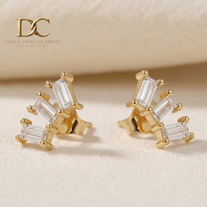 Unique Designer 14KT Solid Gold Lab Grown Diamond <b>Stud</b> <b>Earring</b> Beguette Brilliant Cut IGI Certified Women Custom Jewelry - Product Image 5