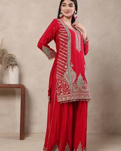 Elegant Red Embroidered <b>Kurta</b> Palazzo Set with Dupatta for Women | Festive Ethnic Wear Salwar Suit - Product Image 3