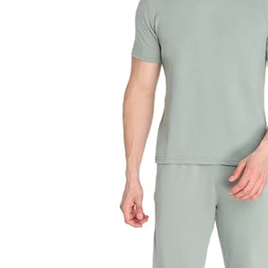 Men's Light Green Crew Neck Short Sleeve T-Shirt Full Length Pants Solid Color Casual Tracksuit Breathable 100% Cotton Tracksuit - Product Image 5