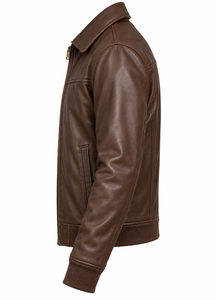 Men's <b>Brown</b> Genuine <b>Leather</b> Moto <b>Jacket</b> Turn-down Collar Zipper Closure Regular Fit Autumn Wear - Product Image 3