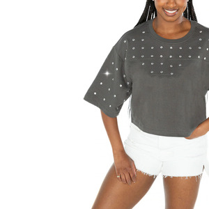 T-shirt décontracté pour femme, coupe ajustée, 100% coton, avec col à nœud décoré de diamants, mailles perforées, doux et respirant - Product Image 2