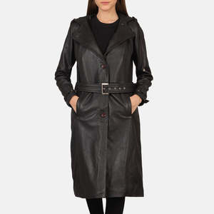 Manteau trench coupe-vent en cuir PU pour femme, style élégant et classique, avec chapeau amovible, vêtement d'extérieur long de qualité supérieure - Product Image 1