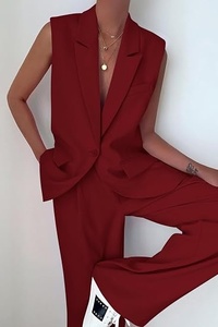 Women's Red Sleeveless <b>Blazer</b> <b>Set</b> Loose Fit Wide Leg Pants Two Piece Suit Casual Spring Summer Solid Color Crepe Fabric - Product Image 3