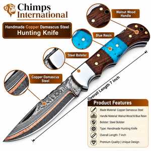 Cuchillo de Caza de Acero Damasco y Cobre Hecho a Mano de Alta Calidad, Hoja de 7 Pulgadas con Punta Caída y Mango de Madera, para Transporte EDC - Product Image 5