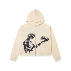 <span class=keywords><strong>Felpa</strong></span> <span class=keywords><strong>con</strong></span> cappuccio unisex color crema <span class=keywords><strong>con</strong></span> stampa <span class=keywords><strong>scheletro</strong></span> robot, chiusura <span class=keywords><strong>con</strong></span> zip frontale, in cotone lavorato a maglia, vestibilità regular, ideale per l'autunno. - Product Image 1