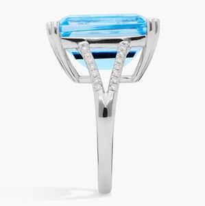 Anillo de compromiso de cóctel con topacio azul cielo, corte esmeralda, chapado en oro blanco de 14K sobre plata de ley, engaste de garra, anillo llamativo para fiesta - Product Image 4