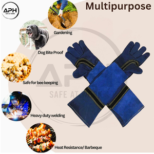 Gants de soudage extra longs en cuir de vachette bleu, résistants à la chaleur, avec manchette longue jusqu'aux épaules et paume renforcée pour une protection optimale des mains. - Product Image 6