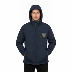 Men's Navy Hooded <b>Waterproof</b> PU <b>Jacket</b> Casual Autumn Zipper Closure Solid Color Front Logo Design - Product Image 4