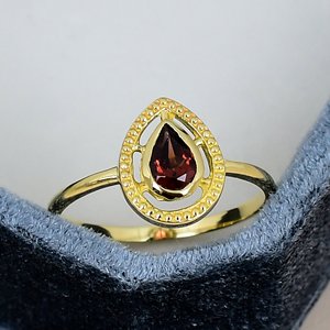 Natural <b>Garnet</b> <b>Ring</b> 4x6mm Pear Cut Gemstone Solid 925 Sterling Silver Yellow Gold Plated Bezel Set Openwork Women's Jewelry - Product Image 1