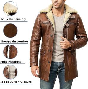 Manteau long en cuir véritable doublé de fourrure de mouton marron vintage pour homme - Product Image 3