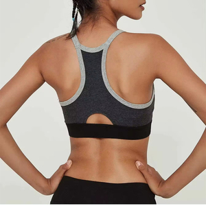 Women Seamless Sports <b>Bra</b> Scoop Neck Racerback Medium Support Gray Black Trim Yoga Fitness Breathable Quick Dry - Product Image 5