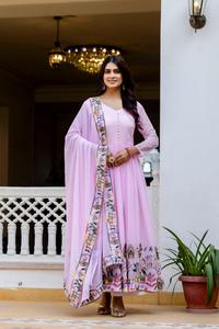 Robe Anarkali brodée en Georgette avec bordure de perles, Dupatta en toile à grande évasement, ensemble Salwar pour femme, prêt-à-porter - Product Image 3