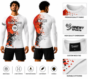 เสื้อรัดกล้ามเนื้อแขนยาวสำหรับผู้ชาย SINEWY SPORTS ลายพิมพ์แบบ Sublimation แห้งเร็ว เหมาะสำหรับ MMA ทรงเข้ารูป สีขาว แดง ดำ - Product Image 1
