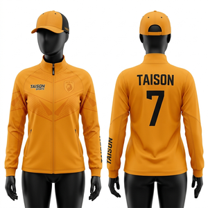Veste d'entraînement de football pour femmes, tissu interlock en polyester premium 240 GSM, panneaux rayés orange pêche et bleu marine, transfert thermique - Product Image 3