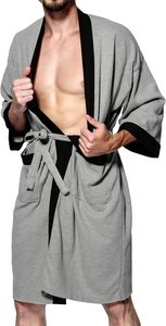 Peignoir en tissu éponge gris pour homme avec bordure noire, manches courtes, robe en coton doux avec poches, vêtement décontracté - Product Image 2