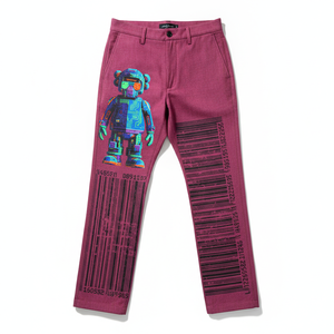 Pantalones de Hombre Color Granate, Corte Recto, con Estampado de Robot y Código de Barras, Estilo Urbano, Tejido de Crochet con Impresión Digital, Antiestáticos - Product Image 1