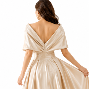 Champagne Satin off Shoulder A-Line Midi <b>Dress</b> Women Elegant Line Evening Party <b>Vintage</b> Cocktail <b>Wedding</b> <b>Guest</b> <b>Dress</b> - Product Image 4
