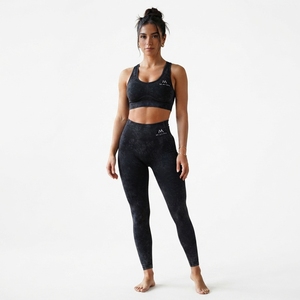 Ensemble de leggings et soutien-gorge de sport sans couture noir délavé à l'acide pour femme, taille haute, pour la gym, le yoga et l'entraînement - Product Image 2