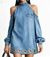 Robe Courte en Jean pour Femme 2027, Tailles S-3XL, Épaules Dénudées, Manches Ballon, Poches à Rivets, Coupe Ample, Idéale Vacances et Plage